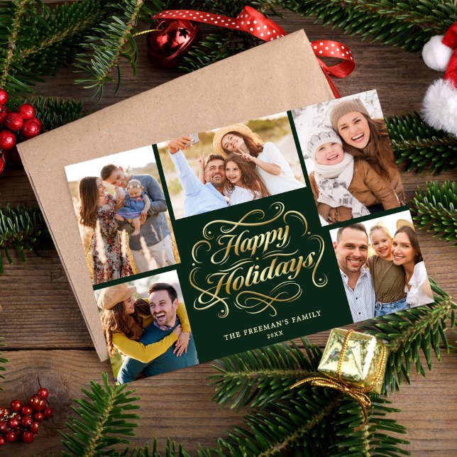 Happy Holidays Green & Gold 5 Photo Collage Card (Creator Uploaded)