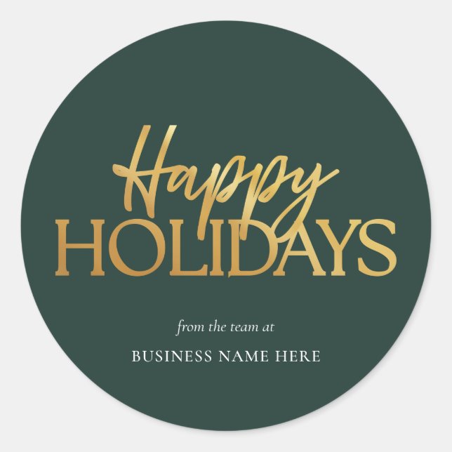 Happy Holidays Green Gold Business Christmas Classic Round Sticker (Front)