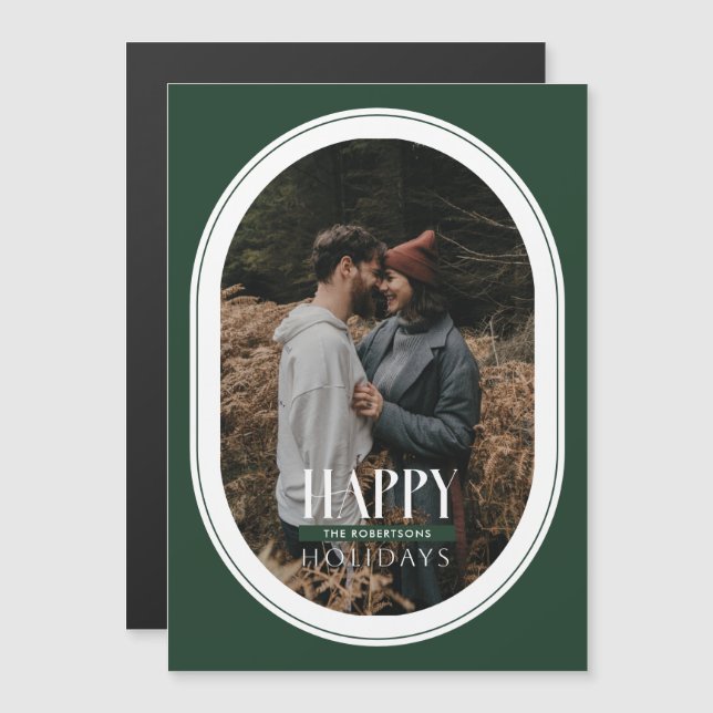 Happy Holidays Green Oval Frame Photo Card (Front/Back)