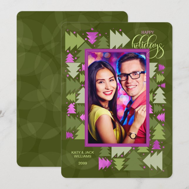 Happy Holidays Green Purple Holiday Trees Photo (Front/Back)