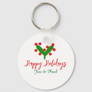 Happy holidays green red couple name green leaf keychain