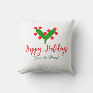Happy holidays green red couple name green leaf throw pillow