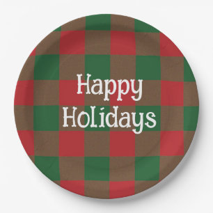 Happy Holidays Green & Red Plaid Paper Plate