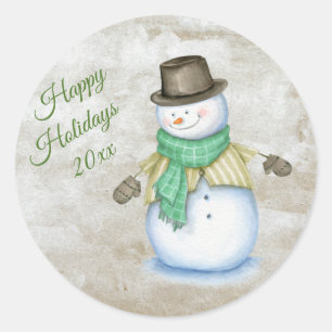 Happy Holidays Green Snowman Script Watercolor Classic Round Sticker