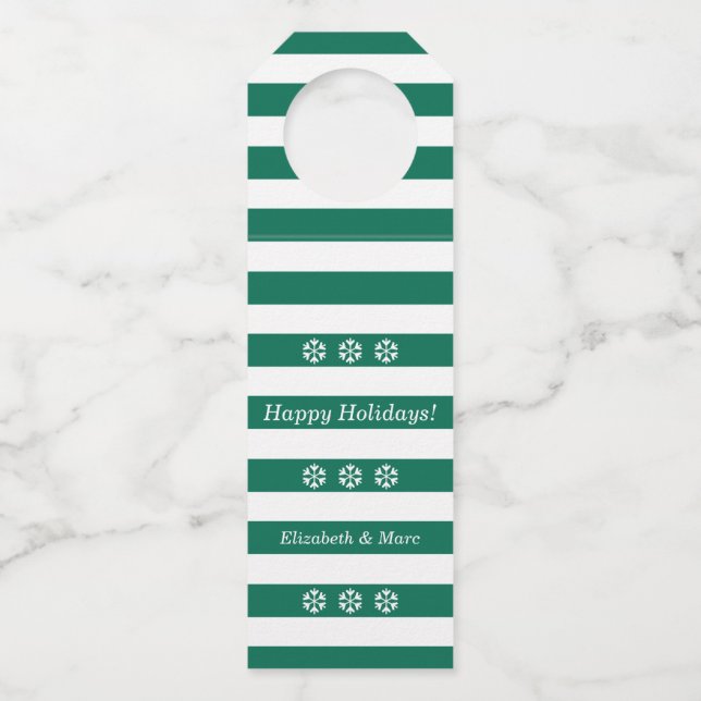 Happy Holidays Green Striped Snowflakes Wine Bottle Tag (Front)