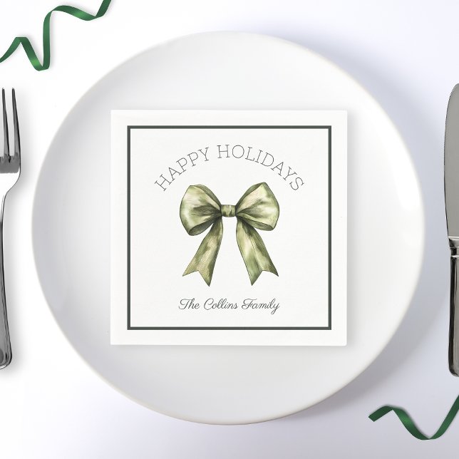 Happy Holidays Green Watercolor Bow Modern Napkin (Creator Uploaded)