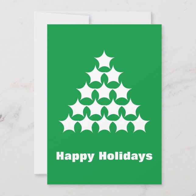 Happy Holidays Green white snow Stars Tree Holiday Card (Front)