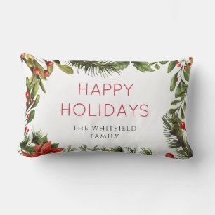 Happy Holidays Greenery Festive Christmas Family Lumbar Pillow