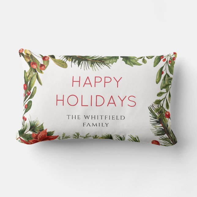 Happy Holidays Greenery Festive Christmas Family Lumbar Pillow (Front)
