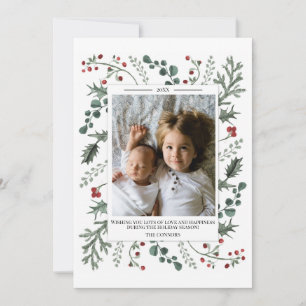 Happy Holidays Greenery & Holly Family Photo Holiday Card