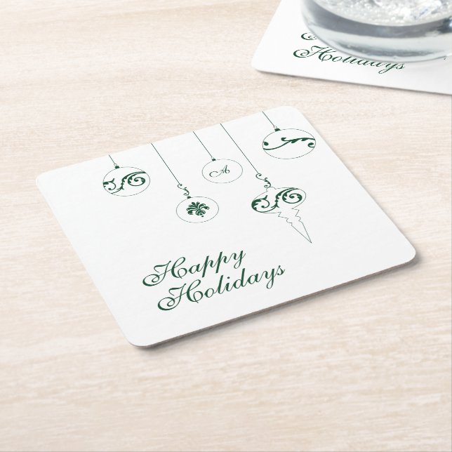 Happy Holidays GreenMonogram Bauble Ornaments Square Paper Coaster (Angled)