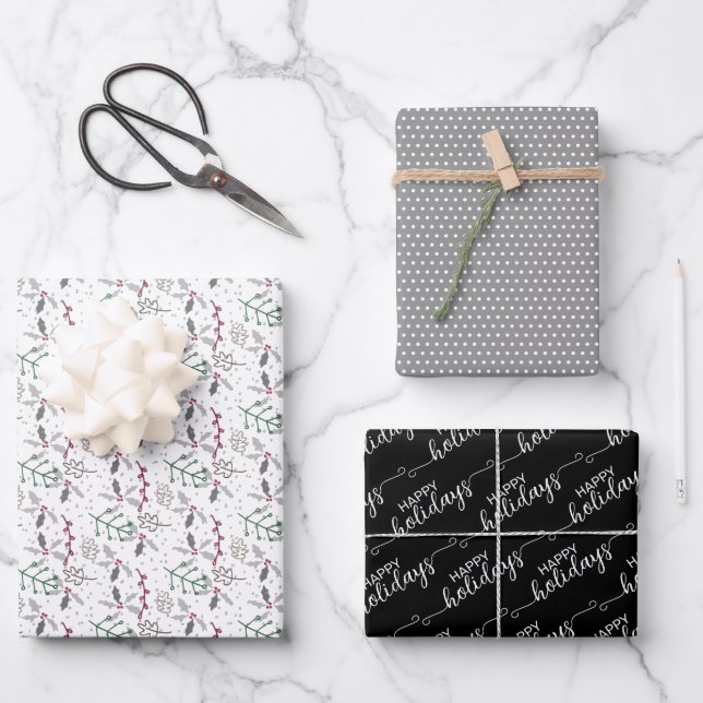 Happy Holidays Greeting Wish On Black And White Wrapping Paper Sheet (Front)