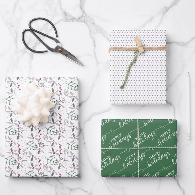 Happy Holidays Greeting Wish On Green And White Wrapping Paper Sheet (Front)