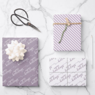 Happy Holidays Greeting Wish On Violet Pink White Wrapping Paper Sheet