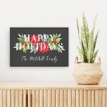 Happy Holidays Grey Christmas Floral Family Name Canvas Print<br><div class="desc">This modern floral typography Christmas doormat features "Happy Holidays" wording framed by an elegant winter floral and greenery watercolor design. Includes holly leaves and berries, poinsettia flowers, and leafy branches. Personalize the script text with your family's last name or other custom text. Dark charcoal grey background with red, green, and...</div>