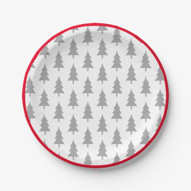 Happy Holidays Grey On White Fir Tree Pattern Paper Plate (Front)