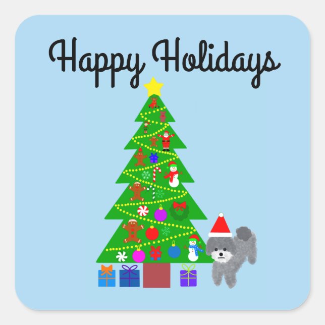 Happy Holidays Grey Poodle Christmas #5-2 Stickers (Front)