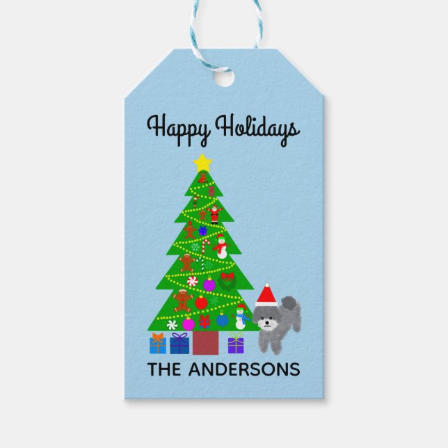 Happy Holidays Grey Poodle Christmas #5 Gift Tag (Front)