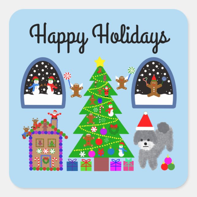 Happy Holidays Grey Poodle Christmas #6-2 Stickers (Front)