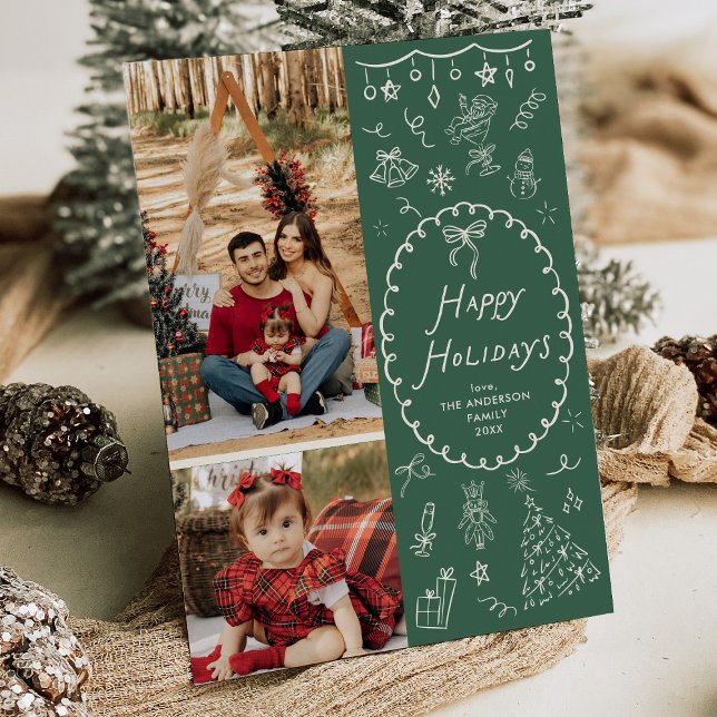 Happy Holidays Hand Drawn Icons Green 2 Photo Holiday Card (Creator Uploaded)
