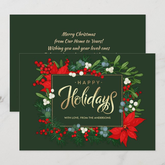 Happy Holidays. Hand drawn Mistletoe, Poinsettia Holiday Card (Front/Back)