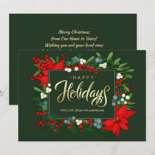 Happy Holidays. Hand drawn Mistletoe, Poinsettia Holiday Card