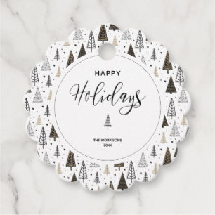 Happy Holidays Hand Drawn Pine Trees Custom Name Favour Tags