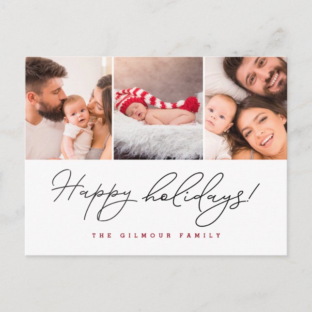 Happy Holidays Handlettering script multiple Photo Holiday Postcard (Front)