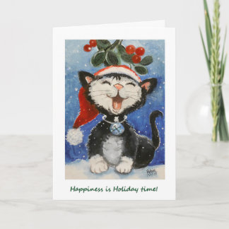 Happy Holidays!, Happy cat under mistletoe Card