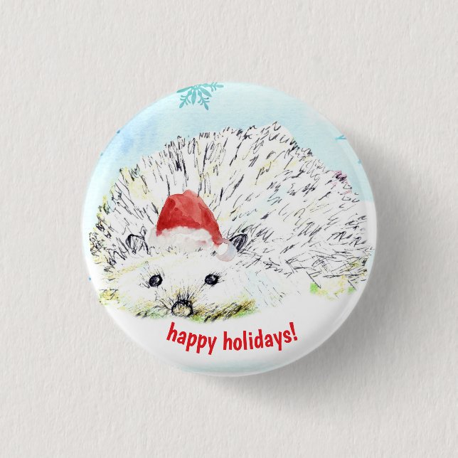 Happy Holidays Hedgehog Santa Hat Wildlife 1 Inch Round Button (Front)