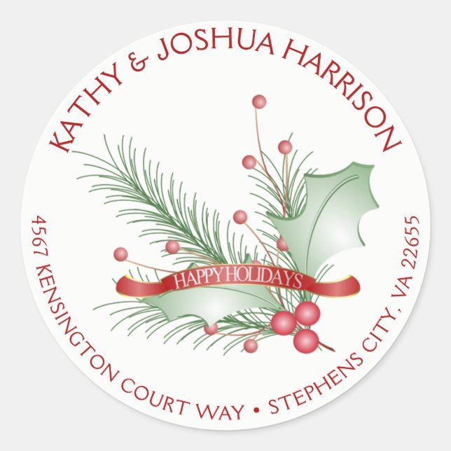 Happy Holidays Holly Berries Pine Round Address | Classic Round Sticker (Front)