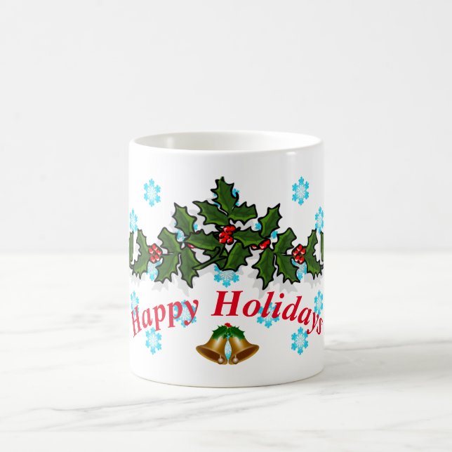 Happy Holidays Holly Snowflake Wreath Designer Coffee Mug (Center)