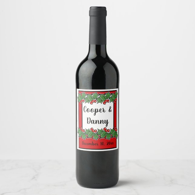 Happy Holidays Holly Sprigs Christmas greenery Wine Label (Front)