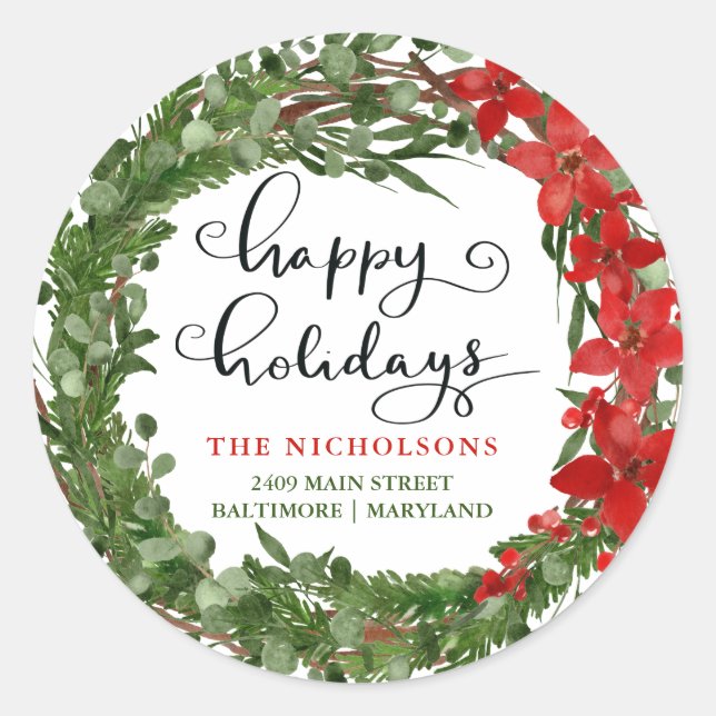 Happy Holidays Holly Wreath Return Address   Classic Round Sticker (Front)