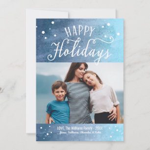 Happy Holidays Ice Blue Snowy Watercolor Photo Holiday Card