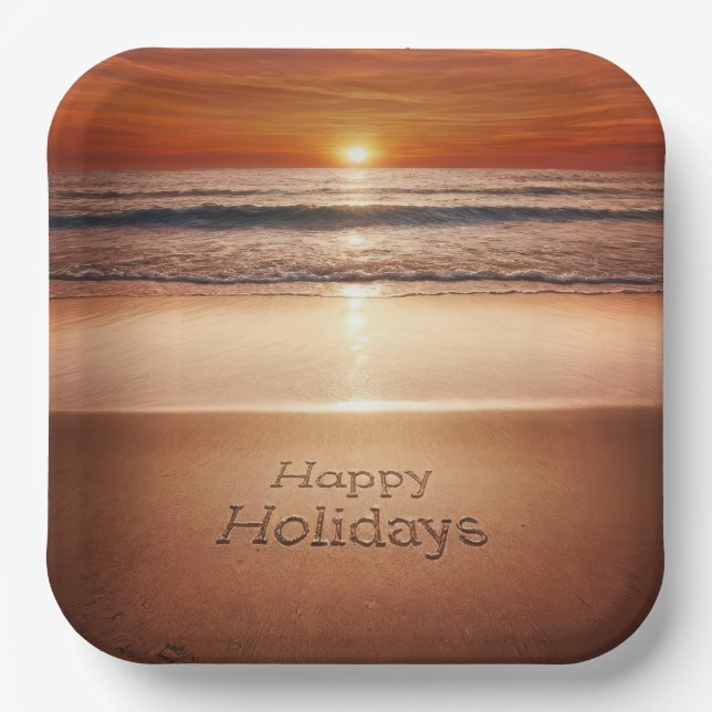 Happy Holidays In Beach Sand Paper Plate (Front)