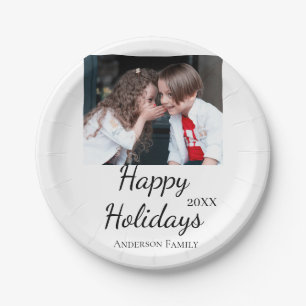 Happy holidays kids family photo modern gifts text paper plate