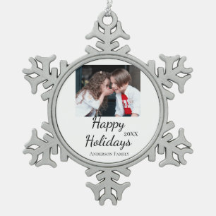 Happy holidays kids family photo modern gifts text snowflake pewter christmas ornament