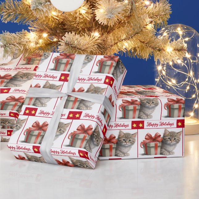 Happy Holidays Kittens and Gifts Wrapping Paper (Holidays)