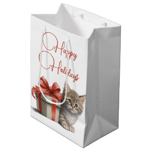 Happy Holidays Kitty with Gift  Medium Gift Bag