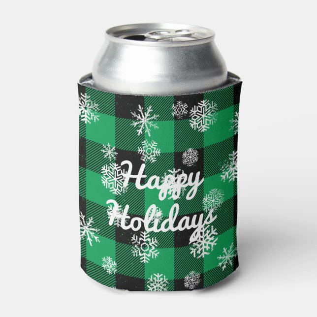 Happy Holidays l Snowflakes Green Buffalo Plaid Can Cooler (Can Front)