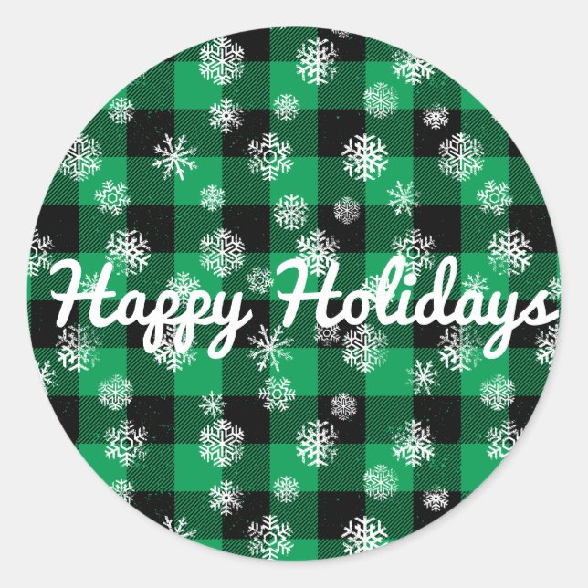 Happy Holidays l Snowflakes Green Buffalo Plaid Classic Round Sticker (Front)