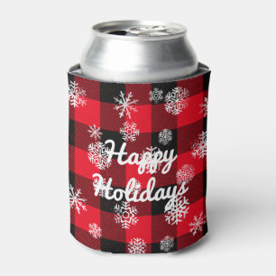 Happy Holidays l  Snowflakes Red Buffalo Plaid Can Cooler