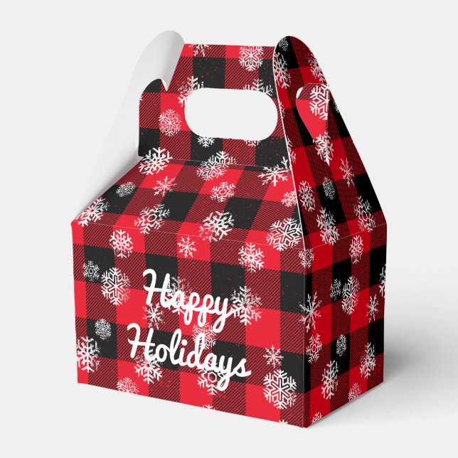 Happy Holidays l  Snowflakes Red Buffalo Plaid Favor Box (Front Side)