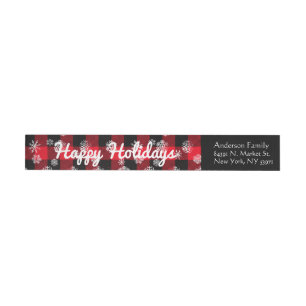 Happy Holidays l Snowflakes Red Buffalo Plaid Wrap Around Label