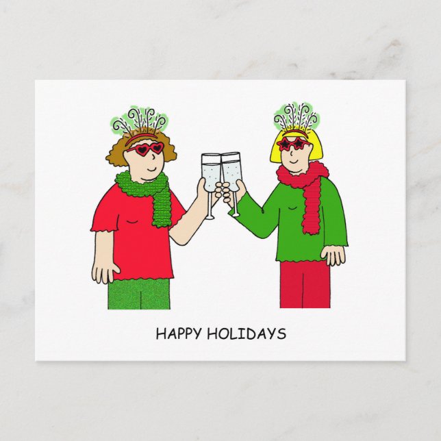 Happy Holidays Lesbian Couple in Funky Outfits Holiday Postcard (Front)