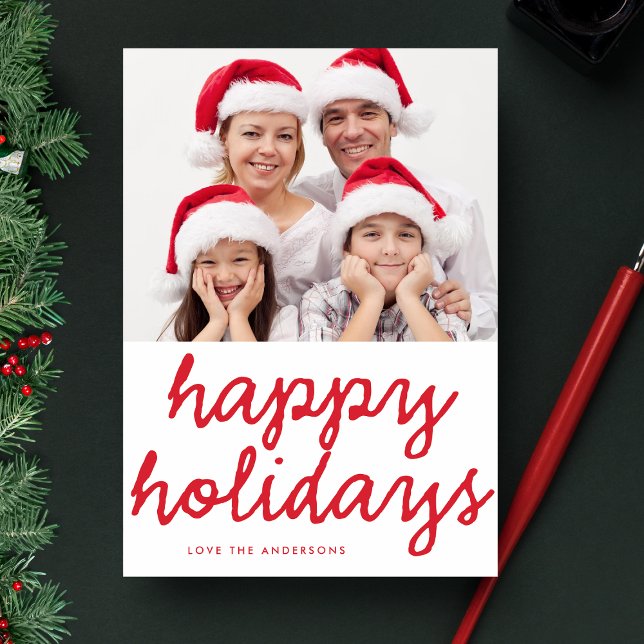 Happy Holidays Lettering Red Multi Photo Holiday Card (Creator Uploaded)