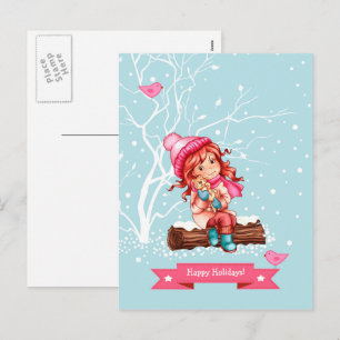 Happy Holidays. Little Girl and Kitty Christmas  Holiday Postcard