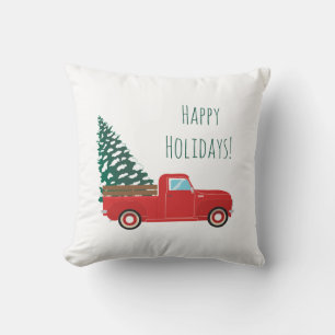 Happy Holidays Little Pickup Car Christmas Tree Throw Pillow