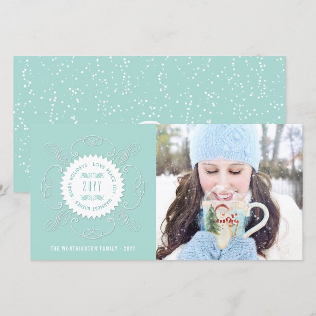 Happy Holidays Love Peace Joy Ornate Seal Photo Holiday Card (Front/Back)
